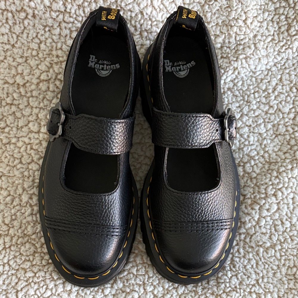 Dr. Martens Black Platform Mary Jane Floral Buckle with Yellow Stitching